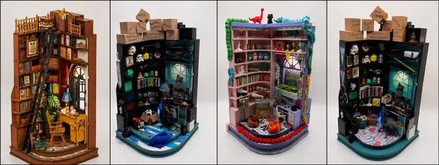 A "stock" book nook kit (Silent Corner Study by Rolife) and then three custom versions built by u/Pluck-the-Bunny who is the moderator of the Book Nook Subreddit. Judging a book nook kit by fit, upkeep and the supplied LED